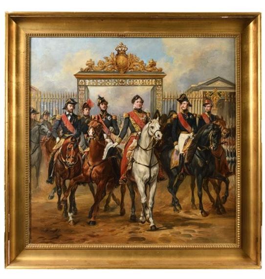King Louis-Philippe surrounded by his five sons exiting through the main gates of the Château de Versailles after a military review in the courtyards - Horace Vernet