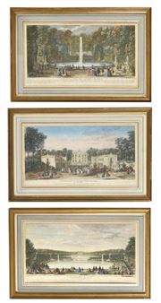Set of 7 antique engravings including: -J. RIGAUD (After) View of the ChÃ¢teau de Marli from the petit parterre