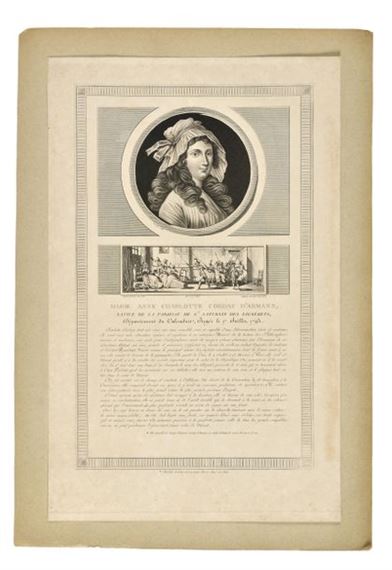 Medallion portrait of Charlotte Corday and scene of Marat's assassination surmounting a biographical text - Jean Duplessis-Bertaux