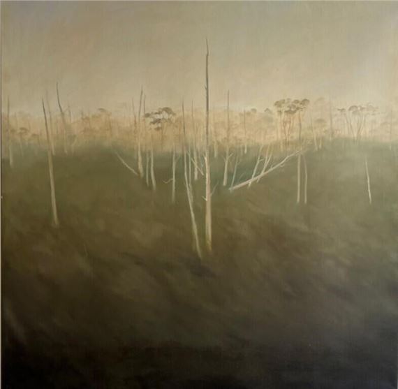 A misty landscape painting featuring a field of dead trees under a hazy sky.