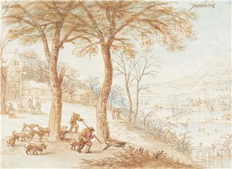 Hunters in extensive winter landscape