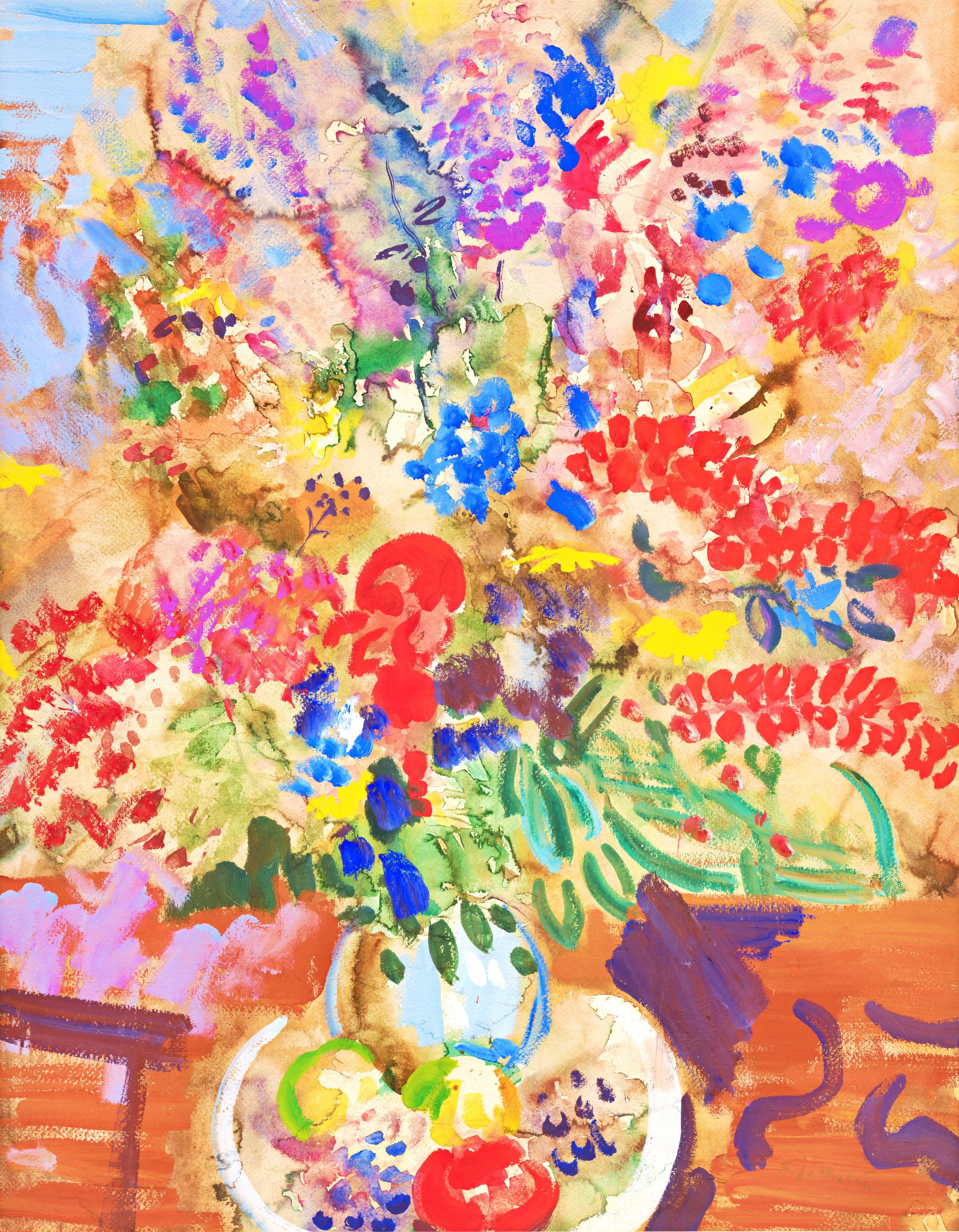 Artwork by Eduard Milén, Bohatá kytice ve váze, Made of Kombinovaná Technika, Barva/Karton