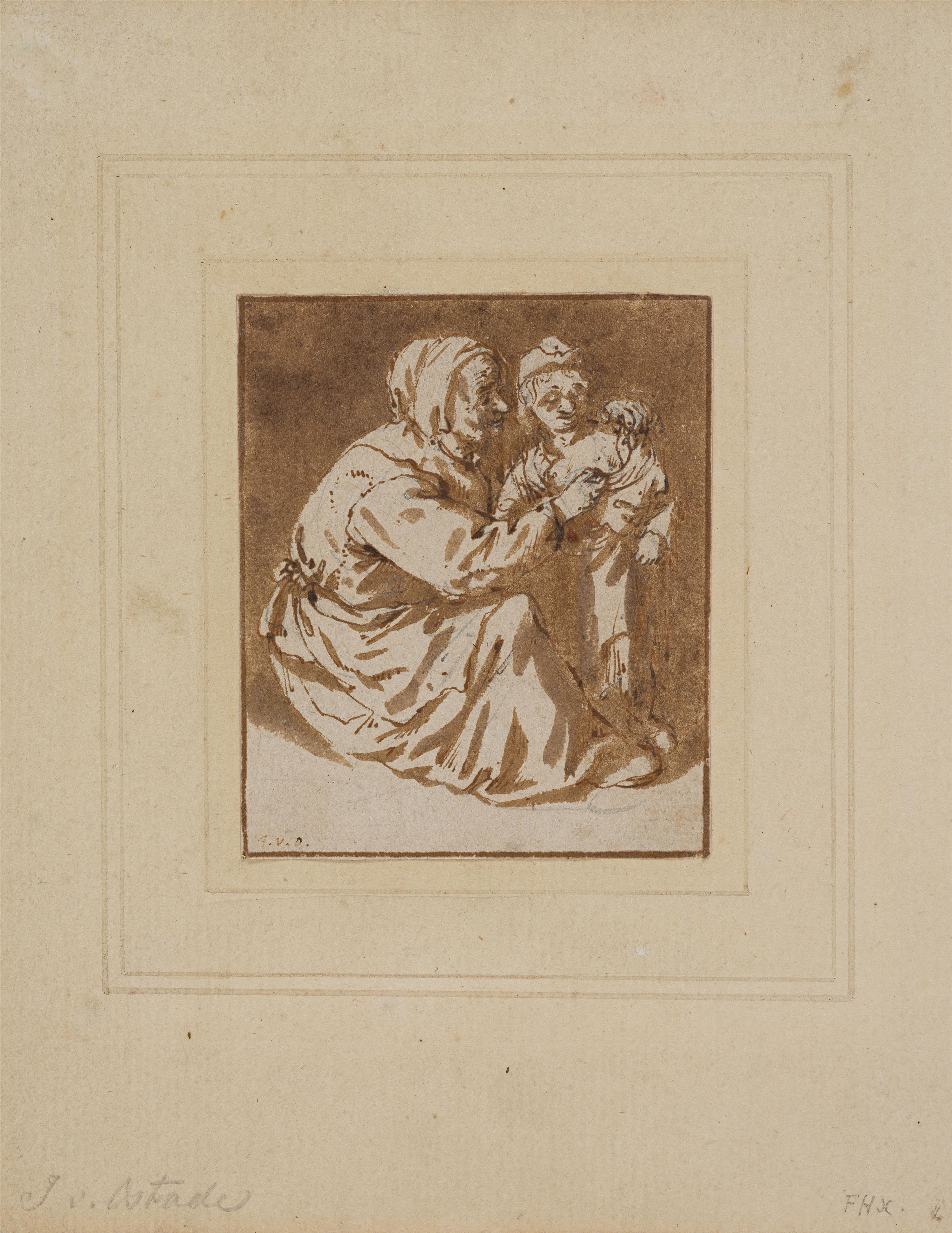 Artwork by Isack van Ostade, A Peasant Woman Seated on the Floor, Dressing a Young Boy, Made of Pen And Ink Wash Over Black Chalk, Mounted On Paper