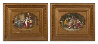 Pair of Late C19th/Early C20th painted oval porcelain plaques with C17th style interior scenes - J. Pascault