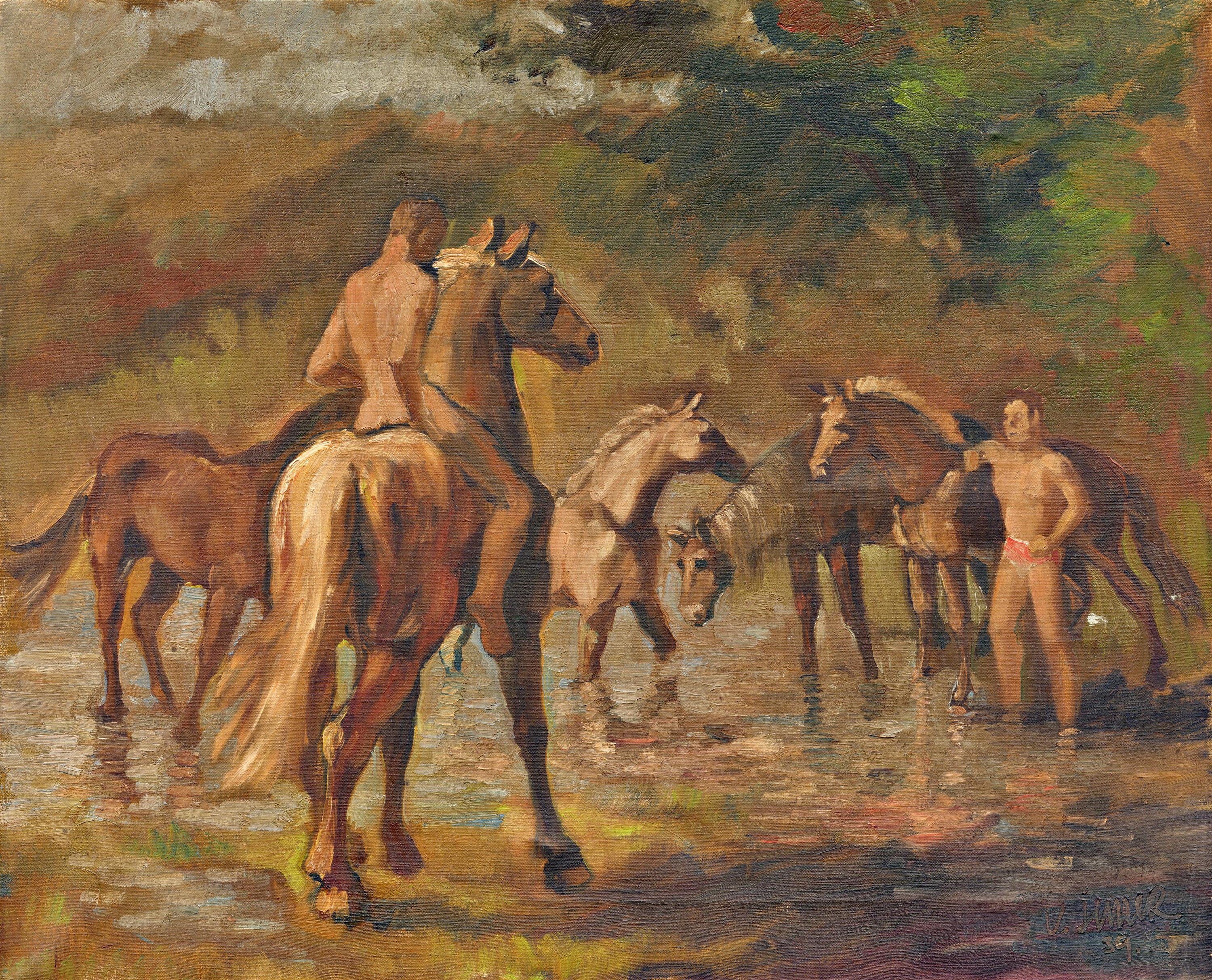 Artwork by Václav Junek, Plavení koní, Made of oil on canvas