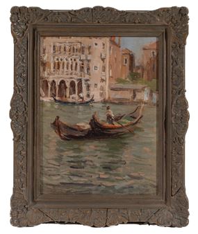 An oil painting of a canal scene with gondolas and historic buildings, framed in ornate wood.