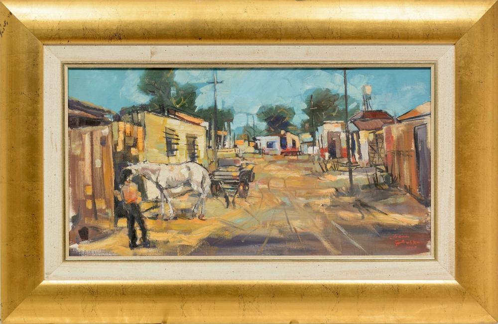 Artwork by Johan Grobler, Street Scene with Horse Cart and Figure, Made of Oil