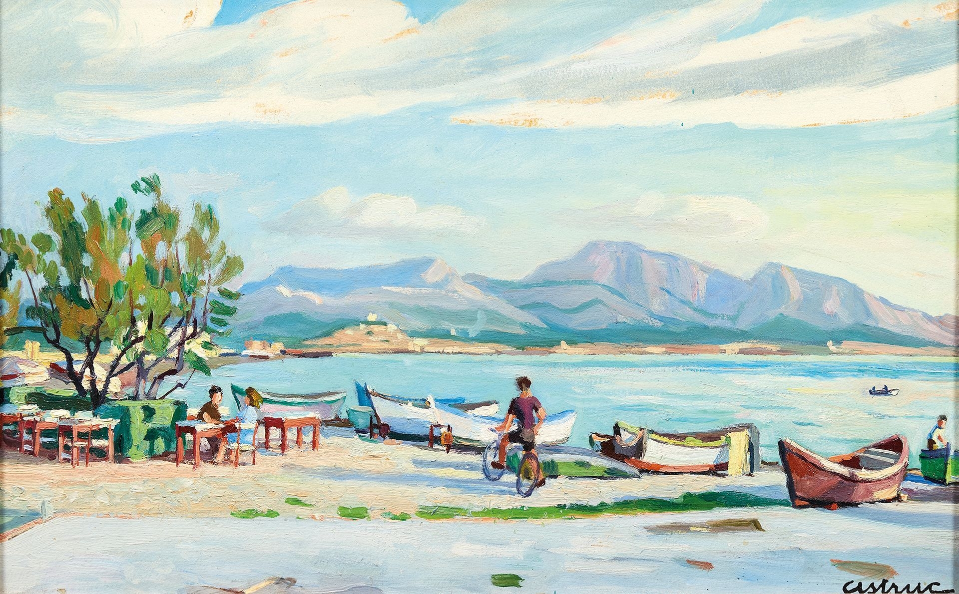 Artwork by Edmond Astruc, Umbrellas at the beach, Made of Oil On Paper