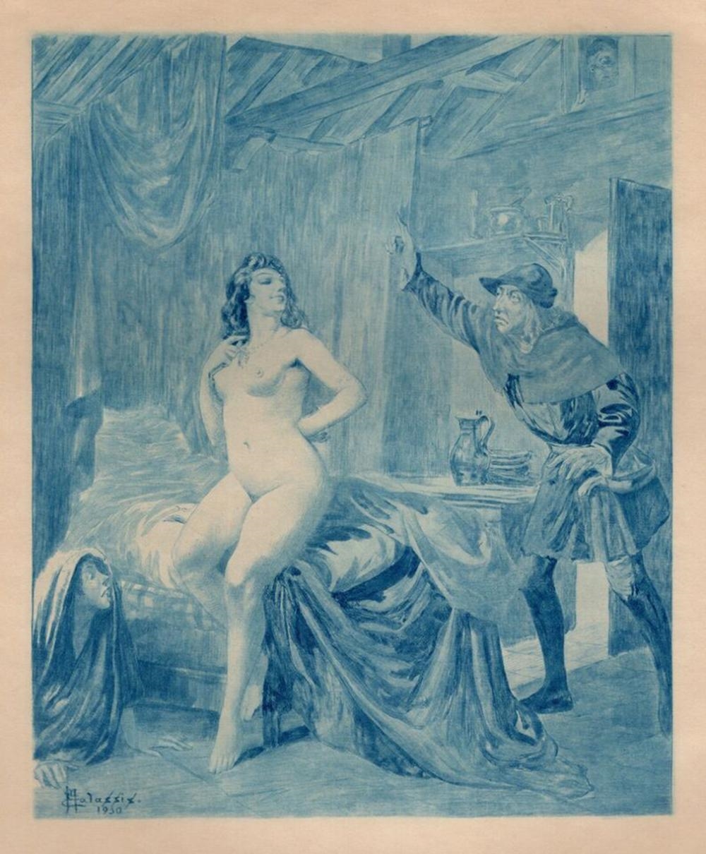 Artwork by Edmond Malassis, The Interruption, Made of Copper Plate Engraving In Blue Ink On Velin Paper