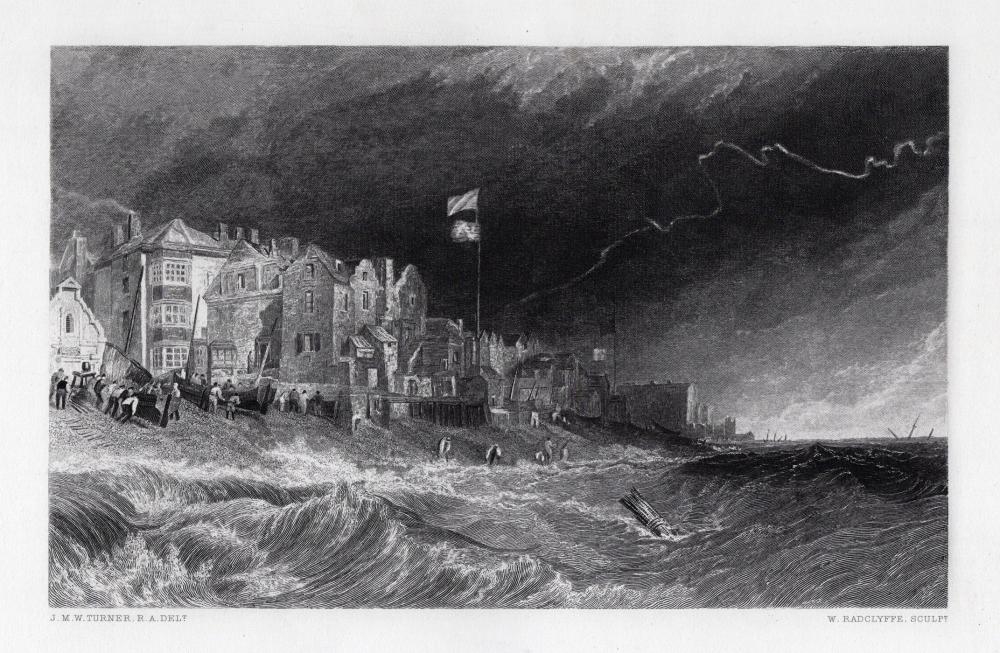 Artwork by Joseph Mallord William Turner, Coastal view in a Storm, Made of Antique Engraving On Wove Paper