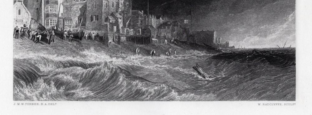 Artwork by Joseph Mallord William Turner, Coastal view in a Storm, Made of Antique Engraving On Wove Paper