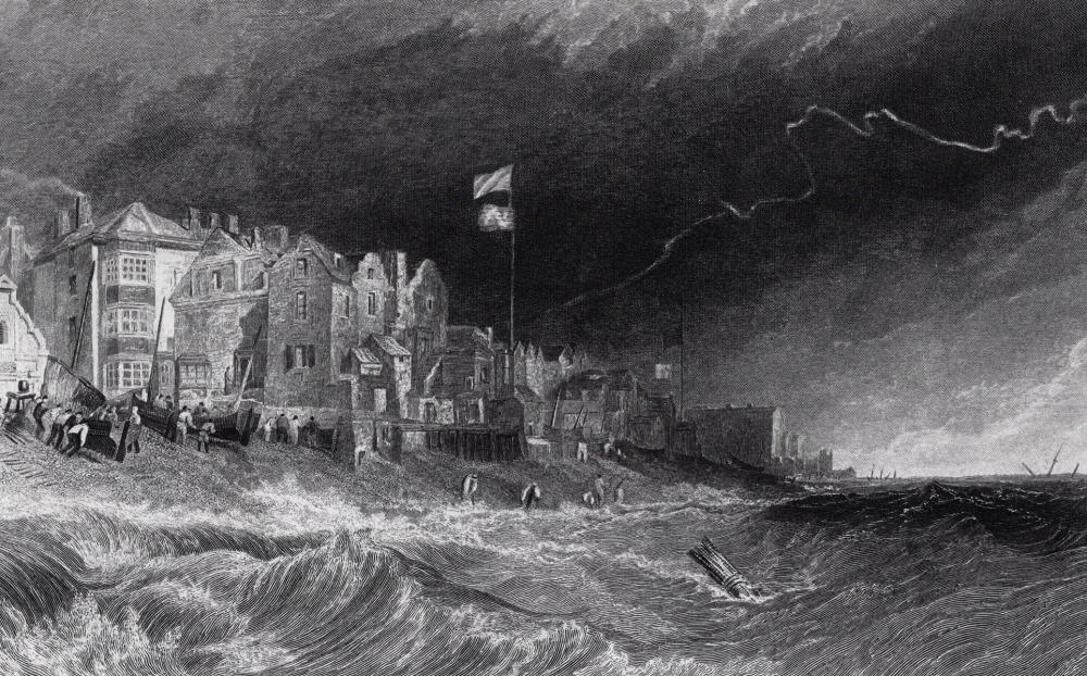 Artwork by Joseph Mallord William Turner, Coastal view in a Storm, Made of Antique Engraving On Wove Paper