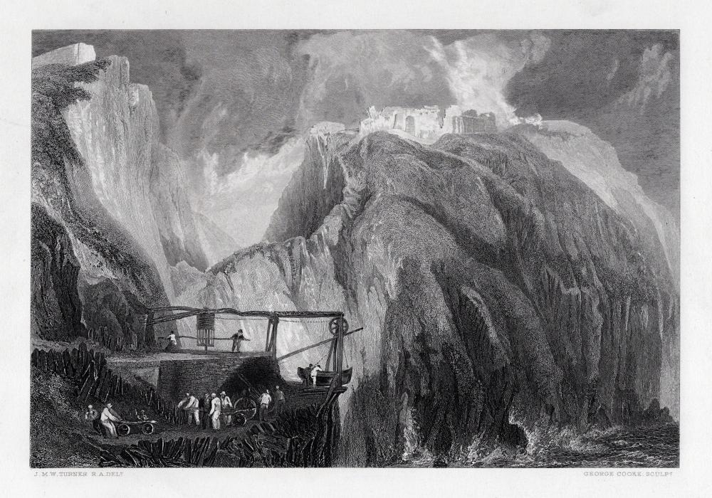 Artwork by Joseph Mallord William Turner, Rocky Coastal Scene with Ship, Made of Antique Engraving On Wove Paper
