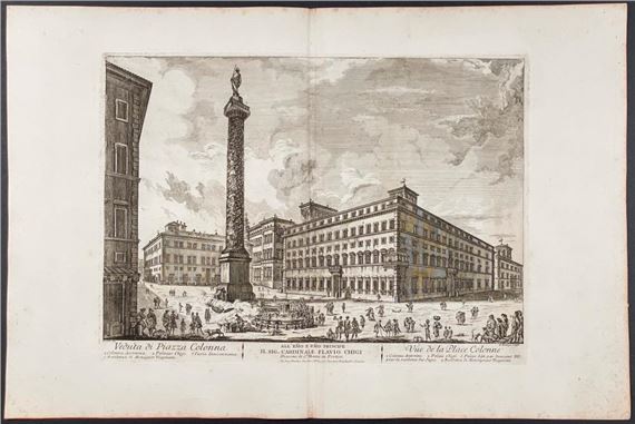 A detailed etching of a bustling public square dominated by a tall column and grand buildings.