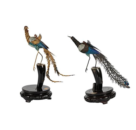 A Pair of Chinese Cloisonne and Filigree Metal Phoenix Birds by Chinese School