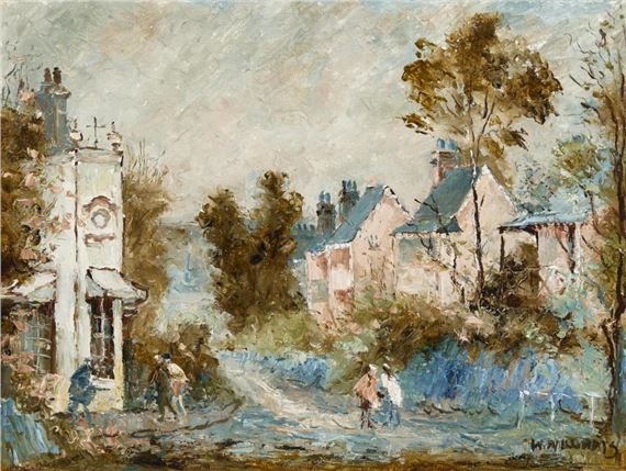 A rustic village scene painted in loose, impressionistic strokes with a focus on light and atmosphere.