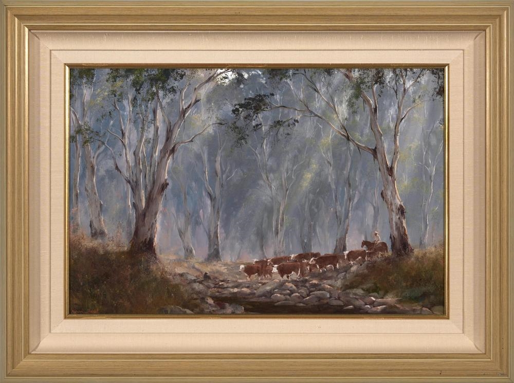 Artwork by Kevin John Best, Crossing Rocky Creek (Tumbarumba NSW, Made of Oil On Board