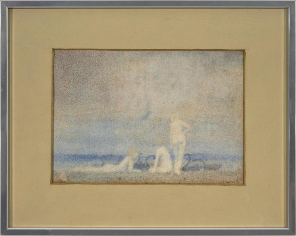 A soft, atmospheric watercolor scene of figures on a beach under a hazy sky.