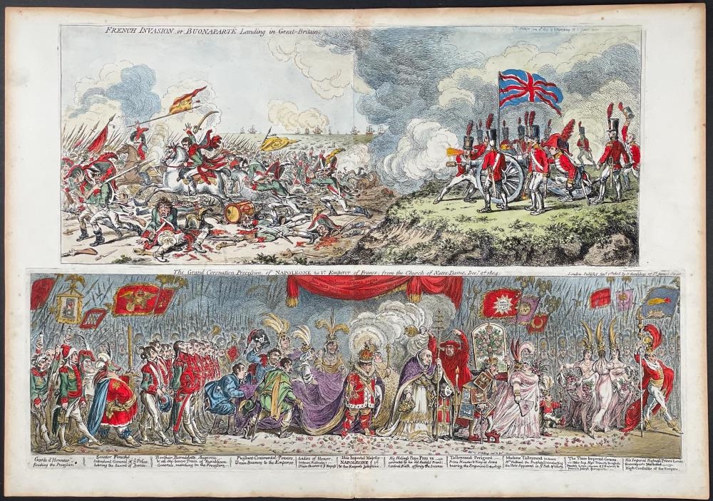 Artwork by James Gillray, LARGE LOT of 17 Satirical Folio Engravings, Made of Engraving With Recent Professional Hand-Coloring