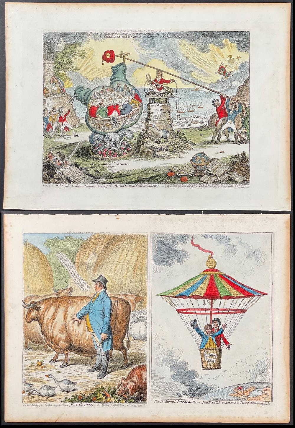Artwork by James Gillray, LARGE LOT of 17 Satirical Folio Engravings, Made of Engraving With Recent Professional Hand-Coloring