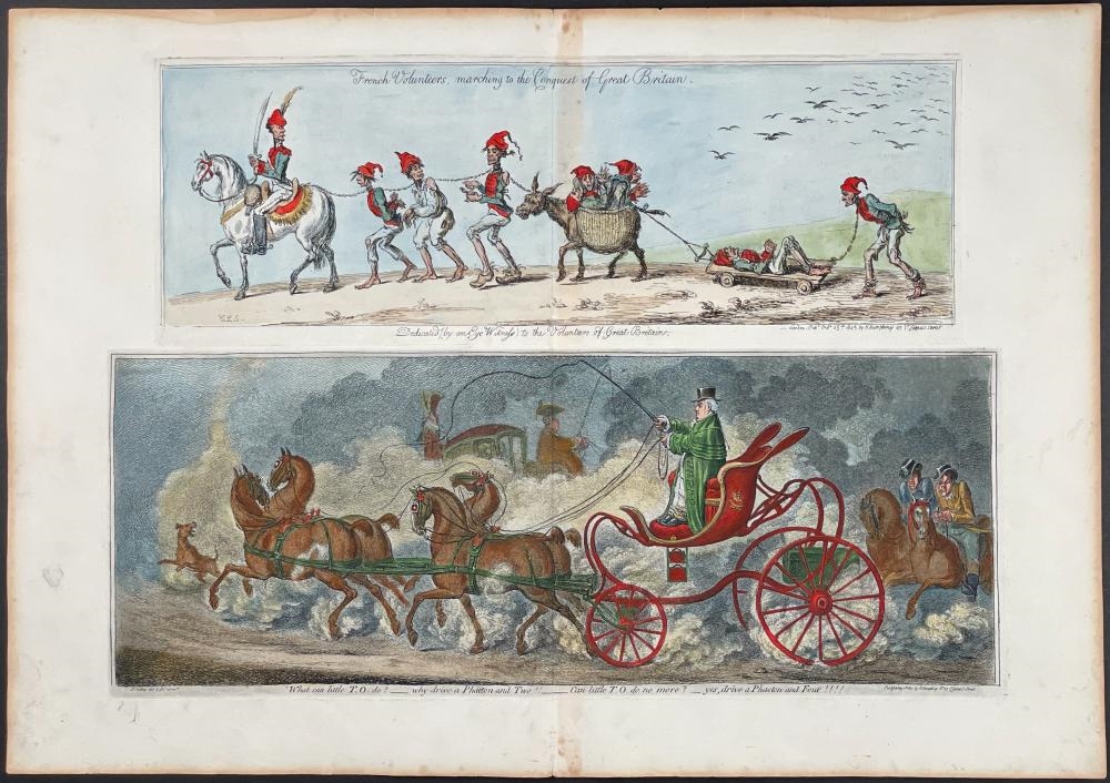 Artwork by James Gillray, LARGE LOT of 17 Satirical Folio Engravings, Made of Engraving With Recent Professional Hand-Coloring