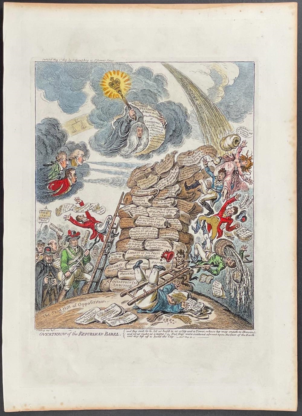 Artwork by James Gillray, LARGE LOT of 17 Satirical Folio Engravings, Made of Engraving With Recent Professional Hand-Coloring