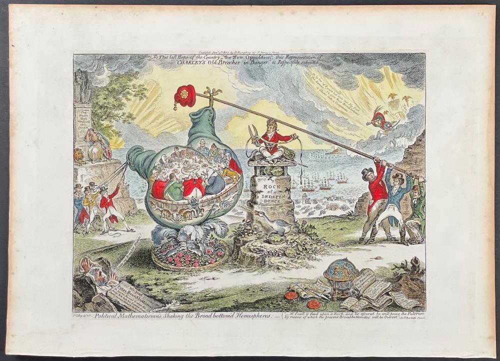 Artwork by James Gillray, LARGE LOT of 17 Satirical Folio Engravings, Made of Engraving With Recent Professional Hand-Coloring