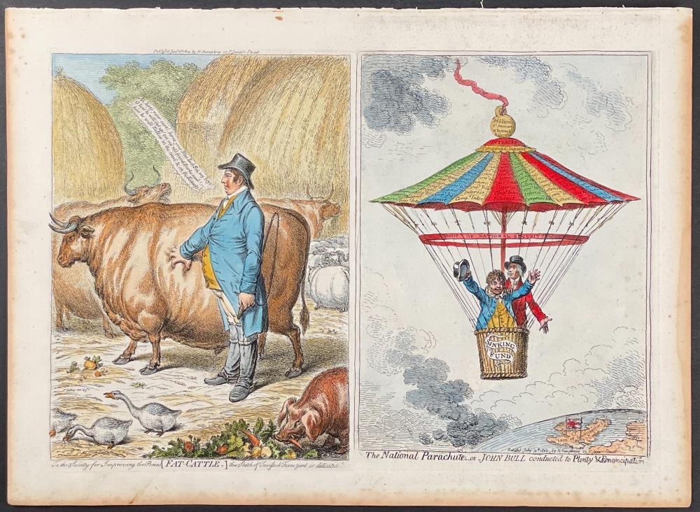 Artwork by James Gillray, LARGE LOT of 17 Satirical Folio Engravings, Made of Engraving With Recent Professional Hand-Coloring
