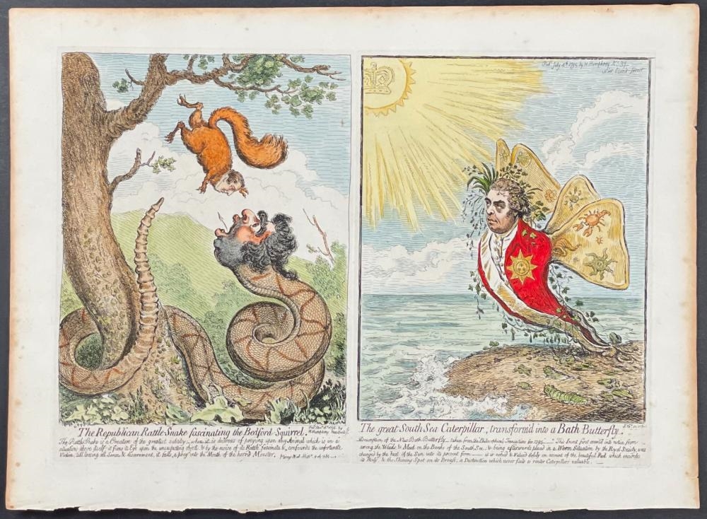 Artwork by James Gillray, LARGE LOT of 17 Satirical Folio Engravings, Made of Engraving With Recent Professional Hand-Coloring