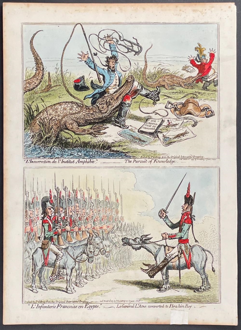 Artwork by James Gillray, LARGE LOT of 17 Satirical Folio Engravings, Made of Engraving With Recent Professional Hand-Coloring
