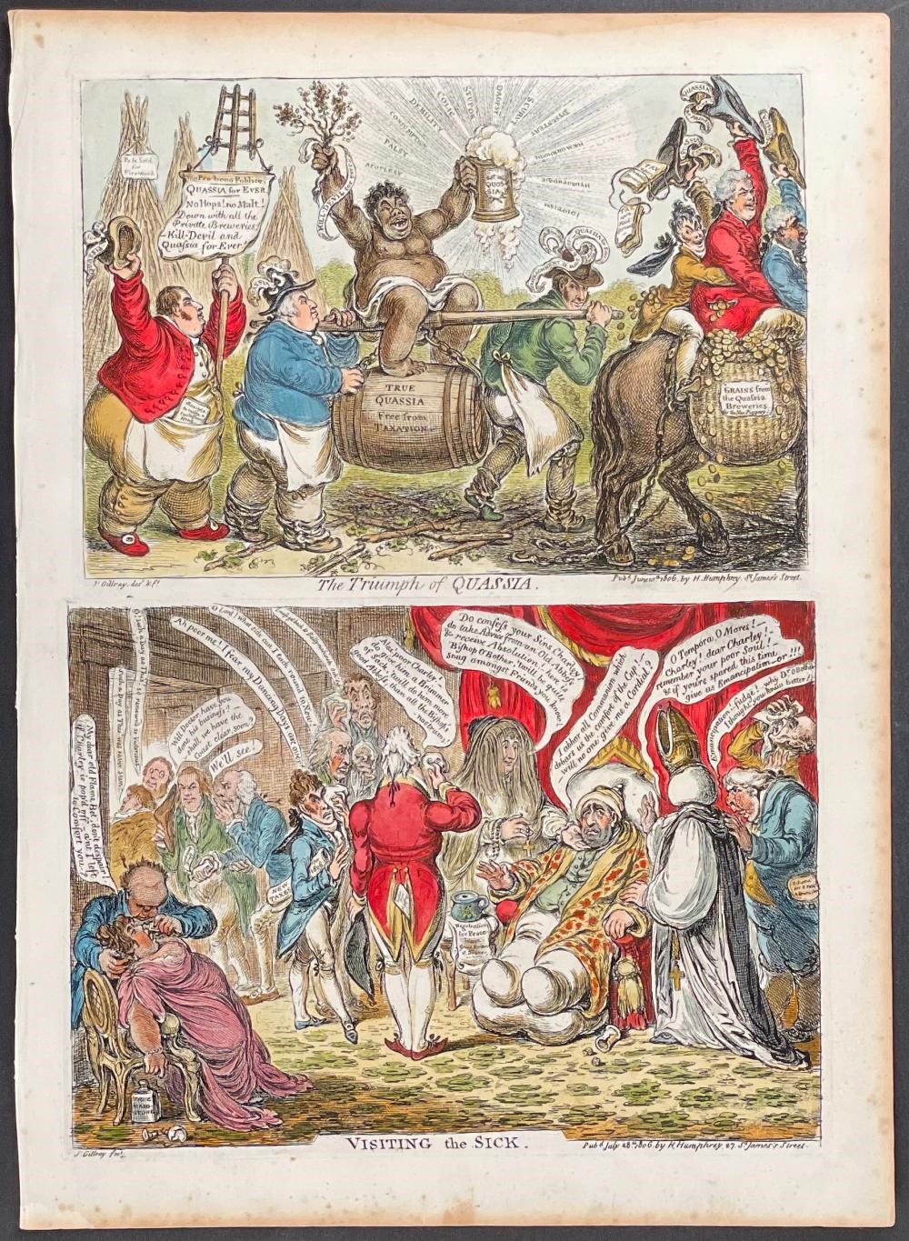 Artwork by James Gillray, LARGE LOT of 17 Satirical Folio Engravings, Made of Engraving With Recent Professional Hand-Coloring