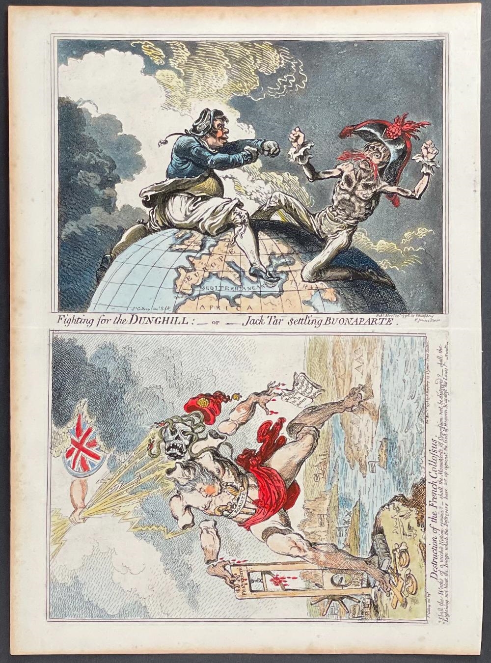 Artwork by James Gillray, LARGE LOT of 17 Satirical Folio Engravings, Made of Engraving With Recent Professional Hand-Coloring