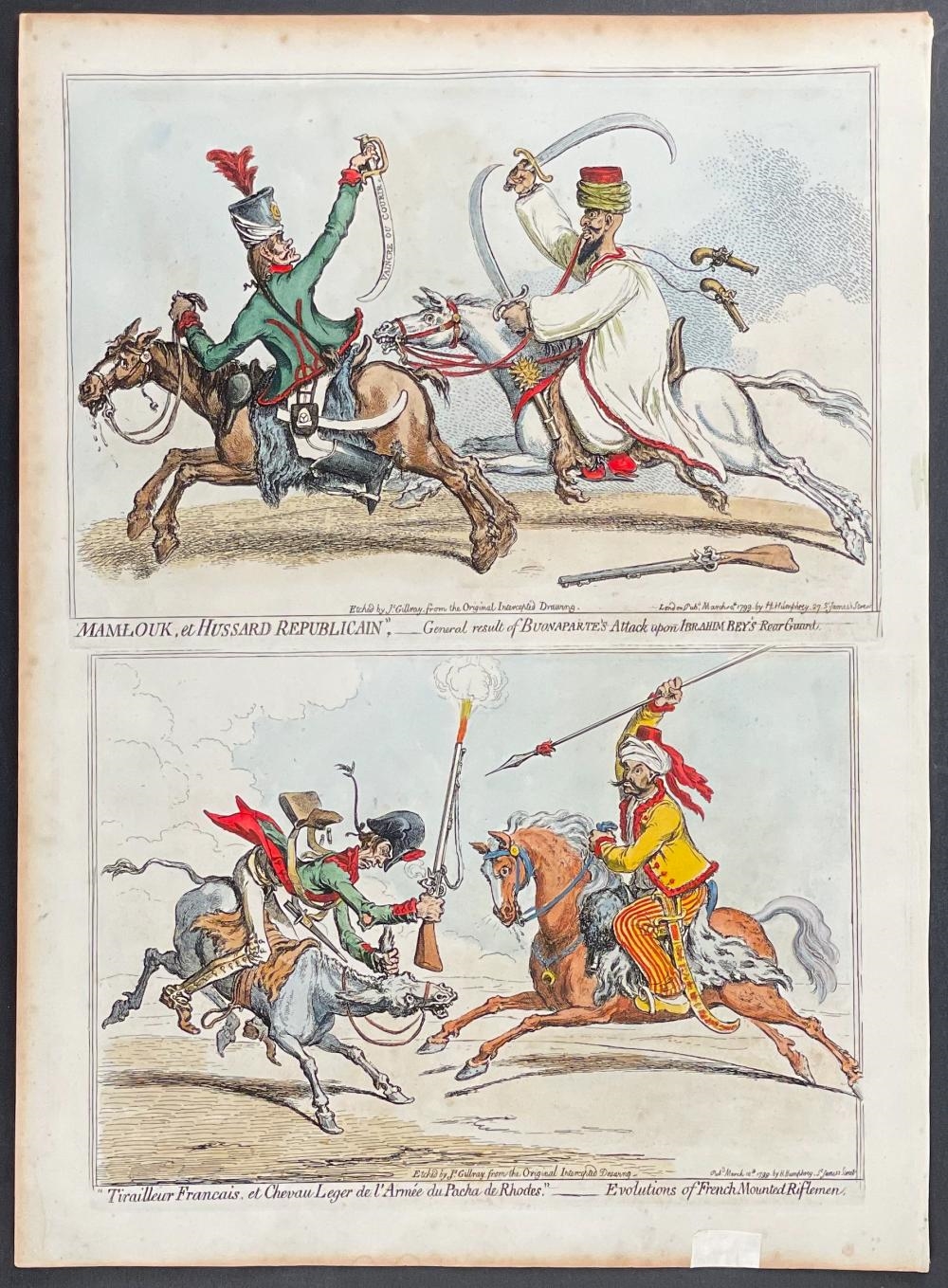 Artwork by James Gillray, LARGE LOT of 17 Satirical Folio Engravings, Made of Engraving With Recent Professional Hand-Coloring