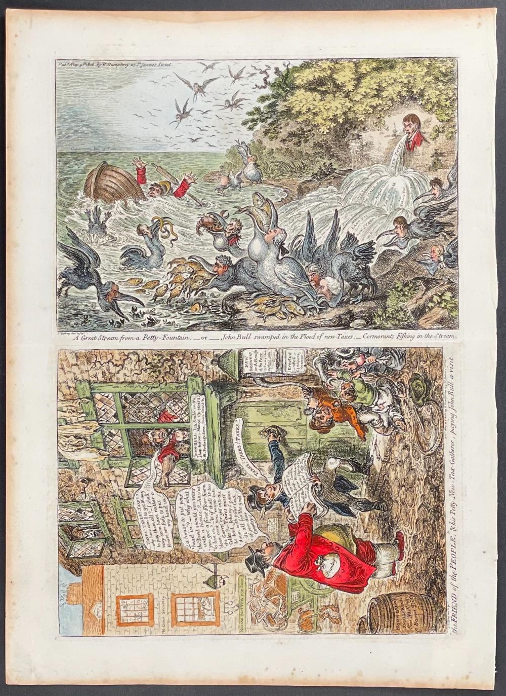 Artwork by James Gillray, LARGE LOT of 17 Satirical Folio Engravings, Made of Engraving With Recent Professional Hand-Coloring
