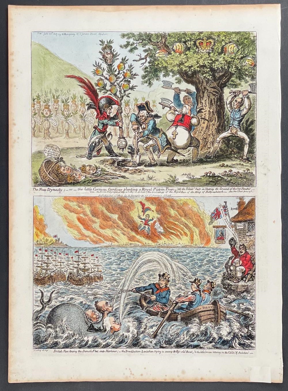 Artwork by James Gillray, LARGE LOT of 17 Satirical Folio Engravings, Made of Engraving With Recent Professional Hand-Coloring