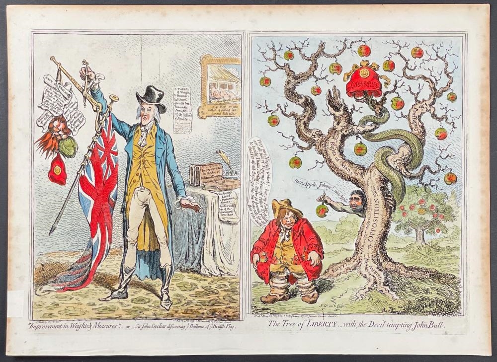 Artwork by James Gillray, LARGE LOT of 17 Satirical Folio Engravings, Made of Engraving With Recent Professional Hand-Coloring