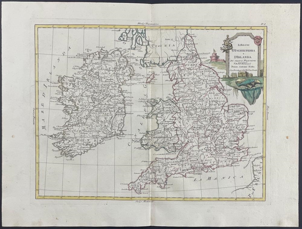Artwork by Antonio Zatta, Map of the British Isles - England, Ireland, Scotland, Made of Hand-Colored Engraving