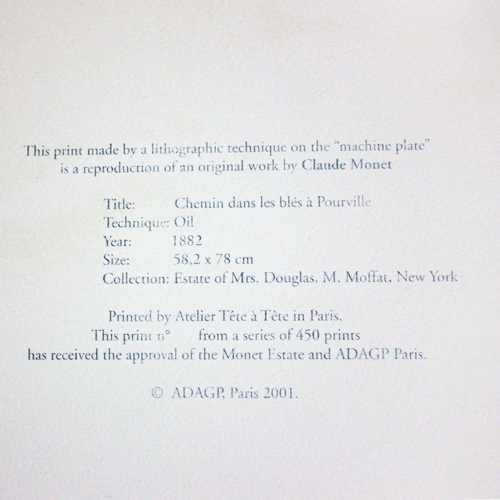 Artwork by Claude Monet, Chemin Dans Les Bles A Pourville, Made of Lithograph