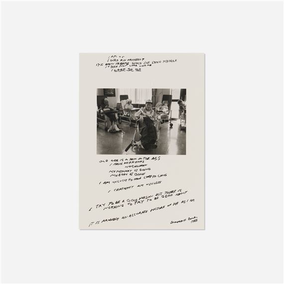 A black-and-white photograph of a group in a waiting room, framed by handwritten text.