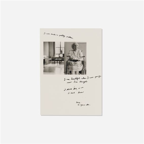 A black-and-white portrait of an elderly person seated in a wheelchair, framed by handwritten text.