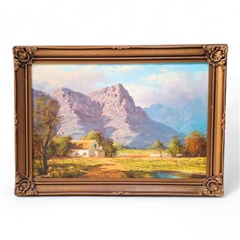 BEAUTIFUL ORNATELY CARVED GILT FRAMED OIL PAINTING OF A CAPE DUTCH COTTAGE IN A MOUNTAINOUS LANDSCAPE - Michael Albertyn