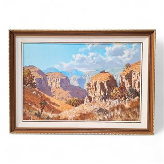 BEAUTIFUL ORNATELY CARVED GILT FRAMED OIL PAINTING OF A MOUNTAINOUS LANDSCAPE WITH ALOE VERA - Michael Albertyn