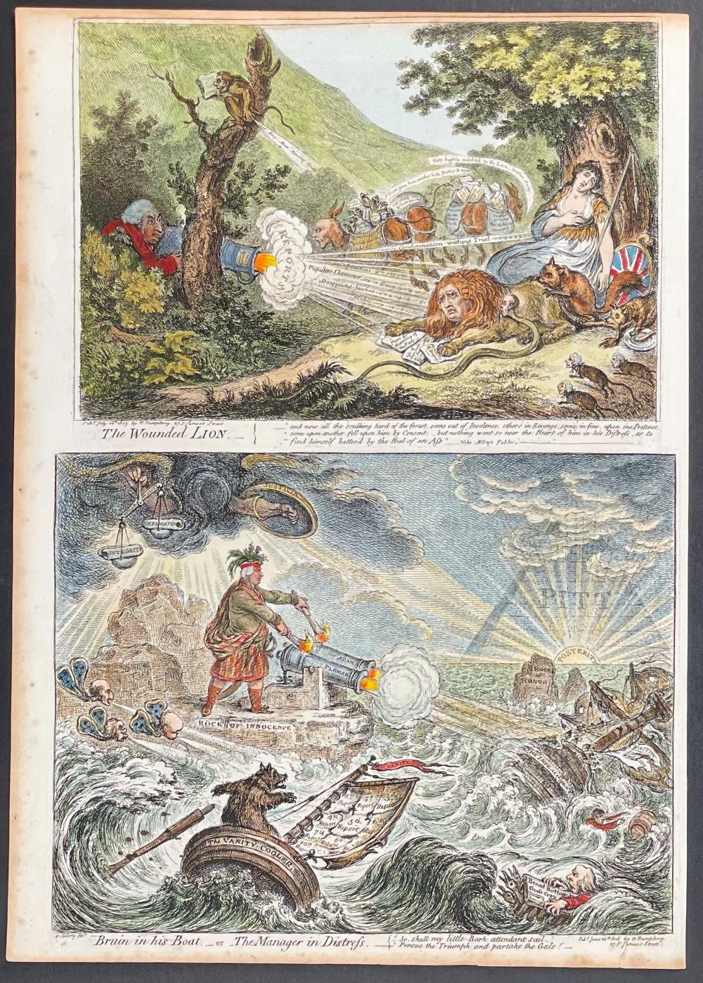 Artwork by James Gillray, The Wounded Lion / Bruin in his Boat or the Manager in Distress, Made of Engraving With Recent Professional Hand-Coloring
