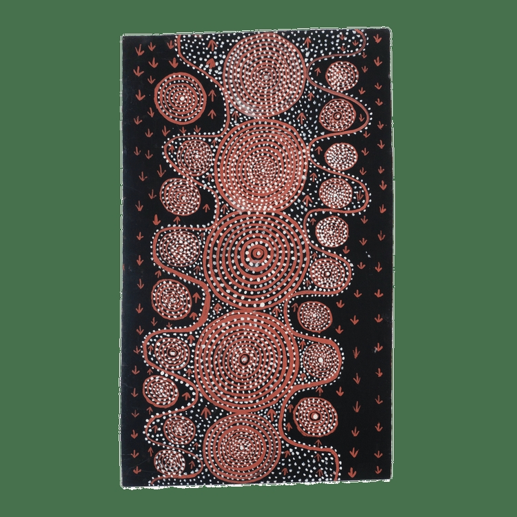 Artwork by Tim Leura Tjapaltjarri, Emu Travelling Dreaming, Made of powder pigment on composition board