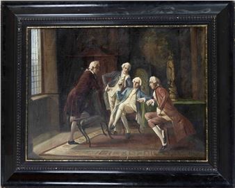 vier galante Herren im barockstil unterhalten sich über eine kleine Skulptur - August Hermann Knoop