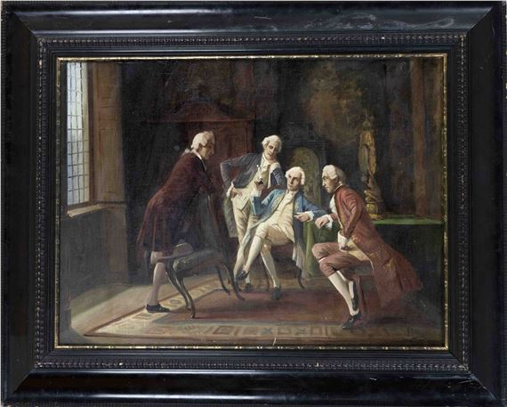 vier galante Herren im barockstil unterhalten sich über eine kleine Skulptur - August Hermann Knoop