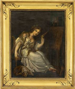 Mädchen mit Spindel vor einer Staffelei