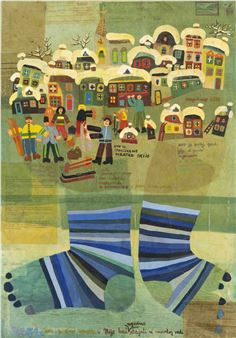 Dorfszene über großen Füßen mit Beschriftungen