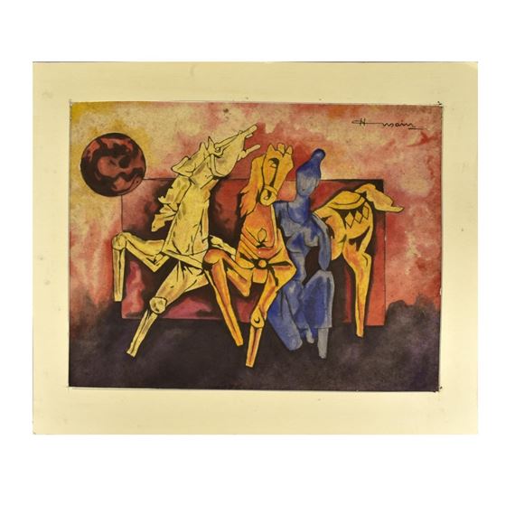 Two (2) Horses with a Kneeling Women to the Side - Maqbool Fida Husain