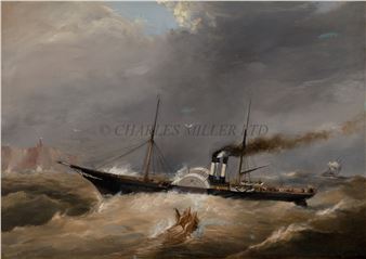 A paddle steamer in a heavy swell off a rocky headland with lighthouse - Clement Drew